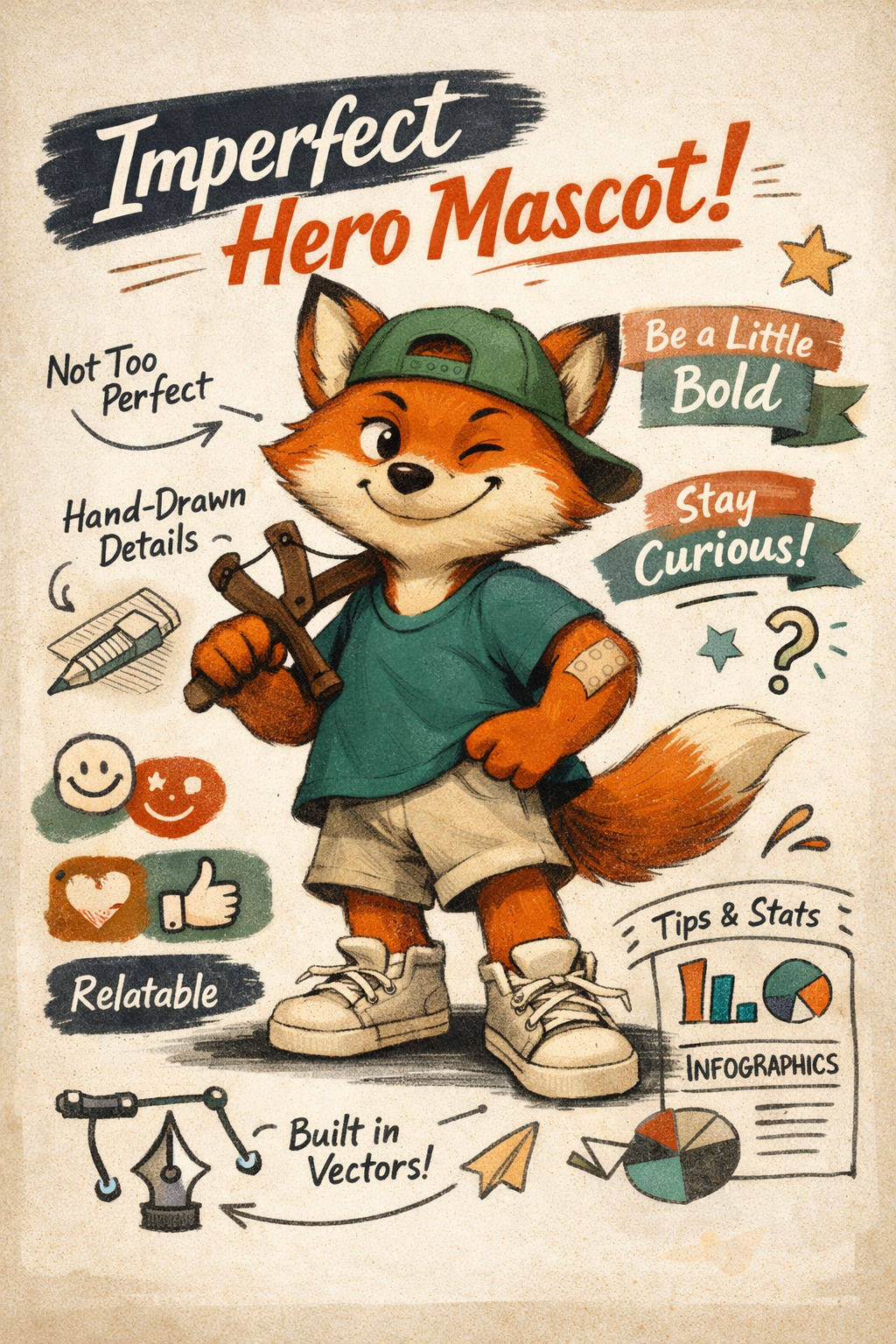 Imperfect Hero Mascot – Playful Hand-Drawn Character Design